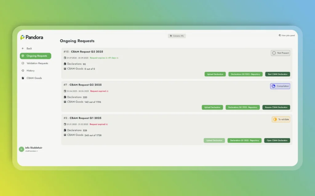 Interfaccia utente di Pandora che mostra la compilazione guidata di documenti doganali per esportazione e importazione.